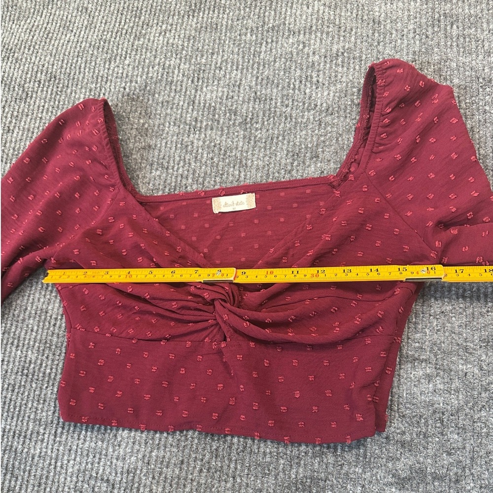 Altar'd State Swiss Dot Twist Front Crop Top Medium Burgundy Long Sleeve Woven - Picture 4 of 7